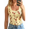 thumbnail image 1 of Women's Floral Print Tank Tops Square Neck Sleeveless Ribbed Basic Tight T Shirts Light Yellow XL, 1 of 8