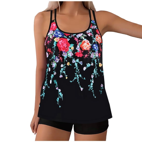Fewfanhot Women's Floral Print Tankini Swimsuit Dress Set, Scoop Neck Top with Black High Waist Shorts, Plus Size Bathing Suit Quick Dry UPF Swimwear