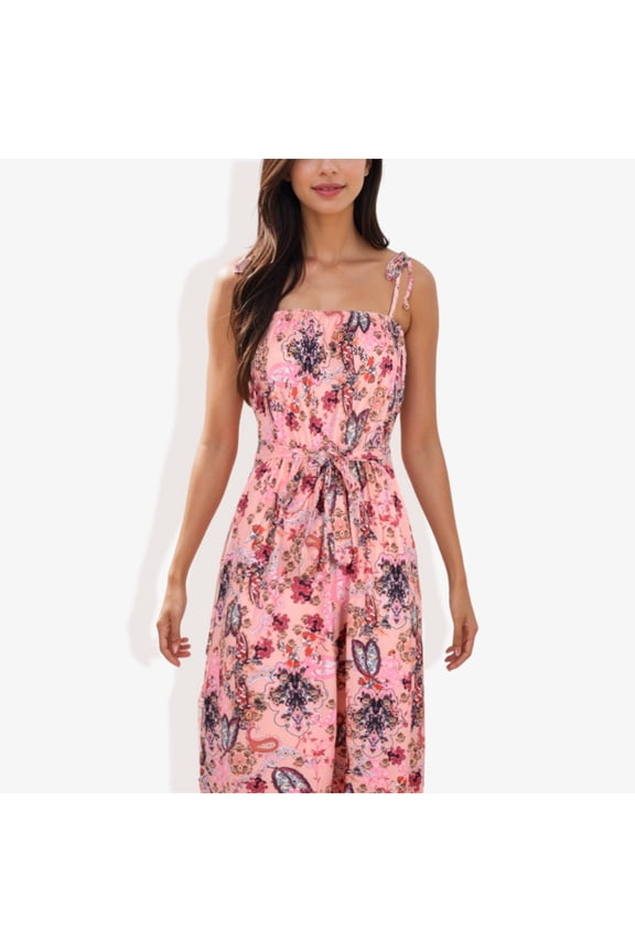 Women's Floral Print Tie Strap Summer Dress- Small, Coral