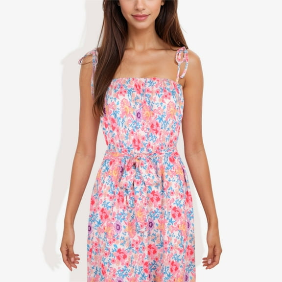 Women's Floral Print Tie Strap Summer Dress- X Large, Pink