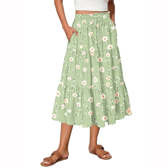 Women’s Floral Print Tiered Maxi Skirt with Elastic Waist and Drawstring Pockets Lightweight Flowing Design for Everyday Wear Army Green 2XL