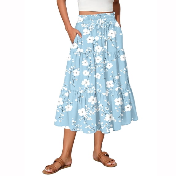 Women’s Floral Print Tiered Maxi Skirt with Elastic Waist and Drawstring Pockets Lightweight Flowing Design for Everyday Wear Light Blue L