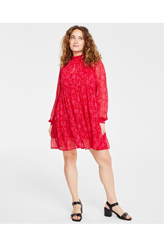 Women's Floral-Print Tiered Trapeze Dress Red Combo XL