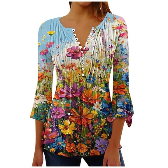 Women's Floral Print Tops V Neck Tee Button Down Pleated Tunic Blouses 3/4 Sleeve Shirts Elegant Dressly T-Shirts Workout Going Out Outfits Costume Summer 2025