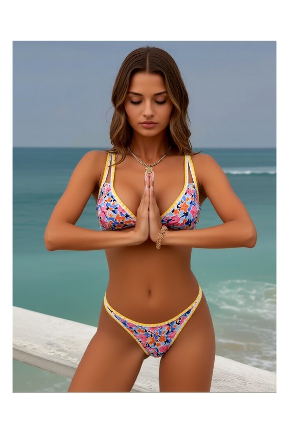 Women's Floral Print Two-Piece Bikini Set - Fresh Girly Style V-Neck Backless Sexy Swimwear for Beach