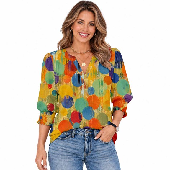 Women's Floral Print V-Neck 3/4 Sleeve Casual Blouse Top