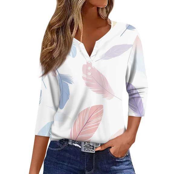 Women's Floral Print V-Neck 3/4 Sleeve T-Shirt with Button Trim, Versatile Basic Top for Workouts or Casual Office Days,Purple Pink XL