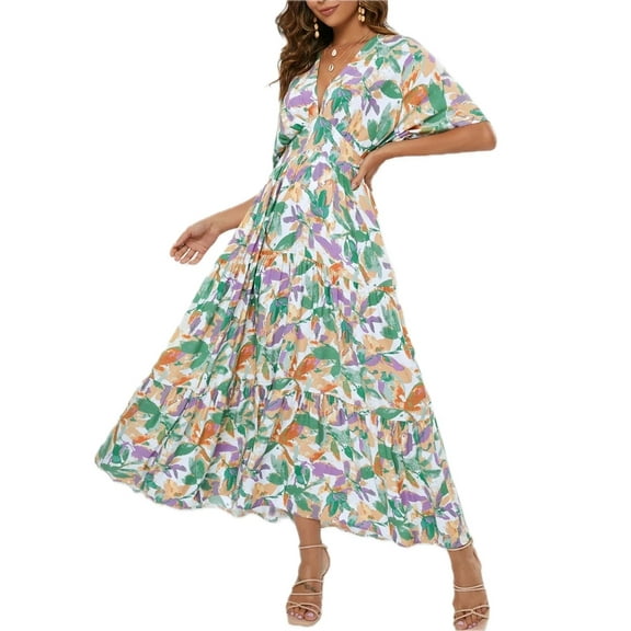 Women's Floral Print V Neck Boho Midi Dress with Ruched Smocked Bodice Lined for Everyday Wear 100% Cotton All Day