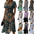 thumbnail image 1 of Women's Floral Print V Neck Dress Short Sleeve High Waist A Line Midi Casual Summer Outfit Flowy Lightweight Party Wear Vacation Boho Chic Saffron XXL, 1 of 6