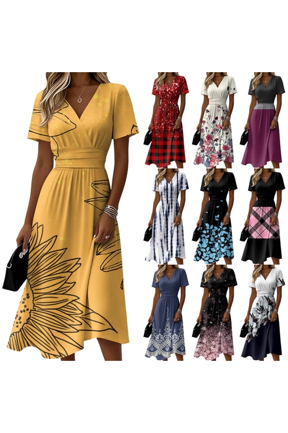 Women's Floral Print V Neck Dress Short Sleeve A Line Midi Casual Summer Outfit Flowy Lightweight Party Wear Vacation Boho Chic Sunflower Plaid Yellow XXL