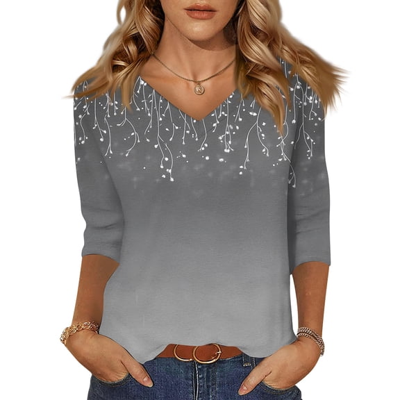 Women's Floral Print V-Neck Loose Fit 3/4 Sleeve Blouse, Breezy Casual T-Shirt for Spring Gardening or Weekend Errands,Gray S