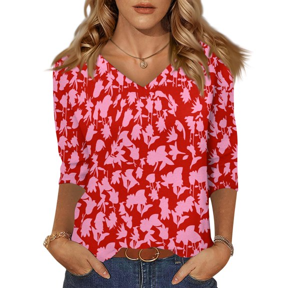 Women's Floral Print V-Neck Loose Fit 3/4 Sleeve Blouse, Breezy Casual T-Shirt for Spring Gardening or Weekend Errands,Red M
