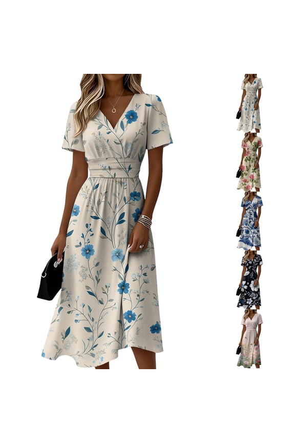 Women's Floral Print V-Neck Midi Dress - Short Sleeve High Waist A-Line Casual Summer Dress, Flowy Beach Vacation Party Gown with Cinched Waist Blue L