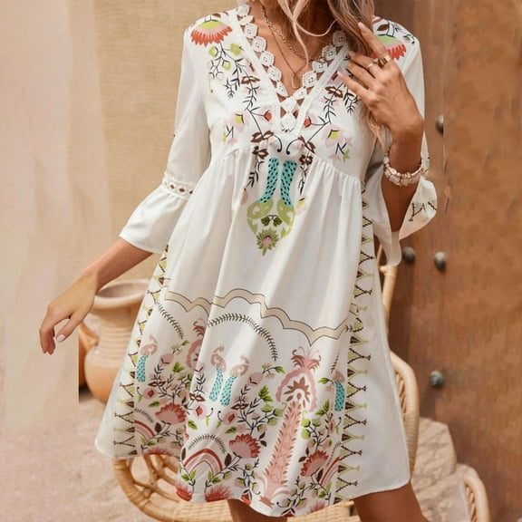 Women's Floral Print V-Neck Ruffle Dress 3/4 Sleeve Casual Summer Spring Polyester Comfortable Daily Wear Loose Fit Soft Fabric Hand Wash