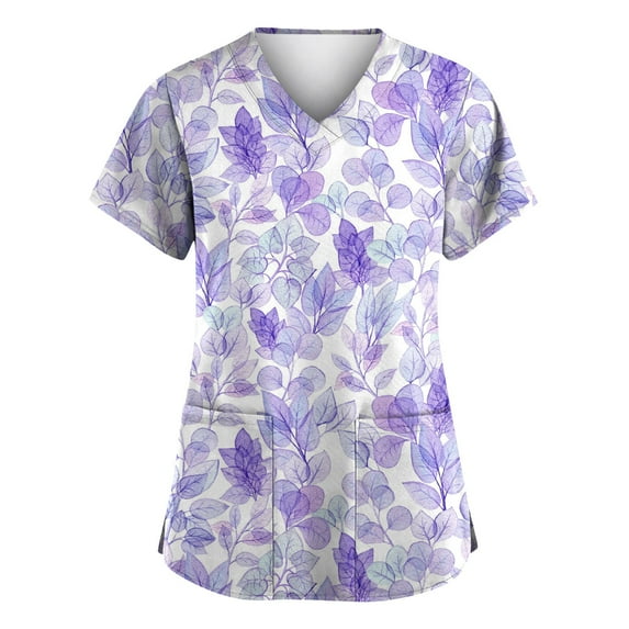 Women's Floral Print V-Neck Scrub Top with Pockets, Comfortable and Durable Uniform for Nurses