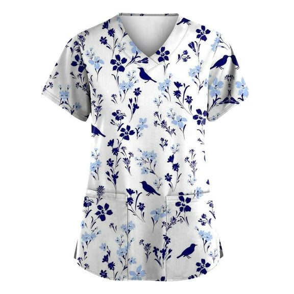 Women's Floral Print V-Neck Scrub Top with Pockets, Comfortable and Durable Uniform for Nurses