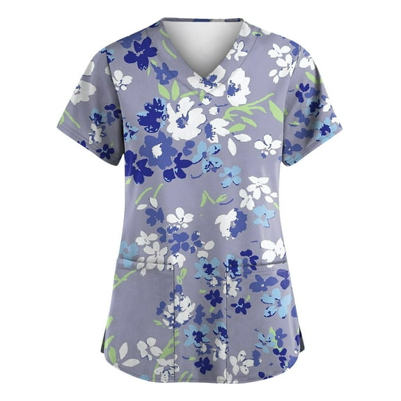 Women's Floral Print V-Neck Scrub Top with Pockets, Comfortable and Durable Uniform for Nurses