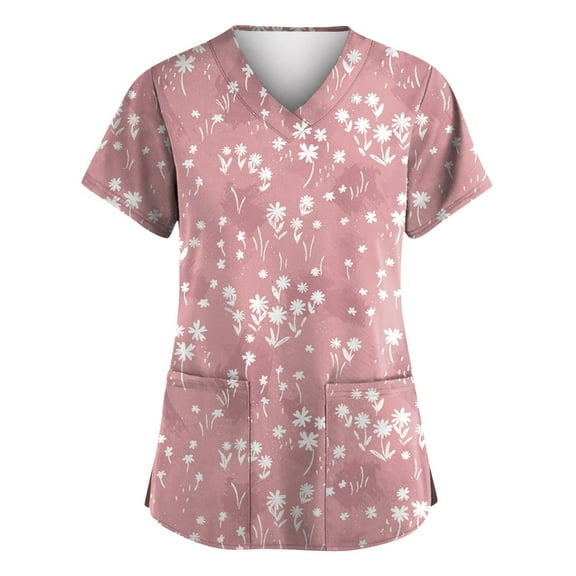 Women's Floral Print V-Neck Scrub Top with Pockets, Comfortable and Durable Uniform for Nurses