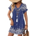 thumbnail image 1 of Women's Floral Print V-Neck Short Sleeve Casual Dress with Pocket, Pullover Summer Dress, Lightweight Comfort Fit, Fashion Ladies Outerwear,Dark Blue,3XL, 1 of 8
