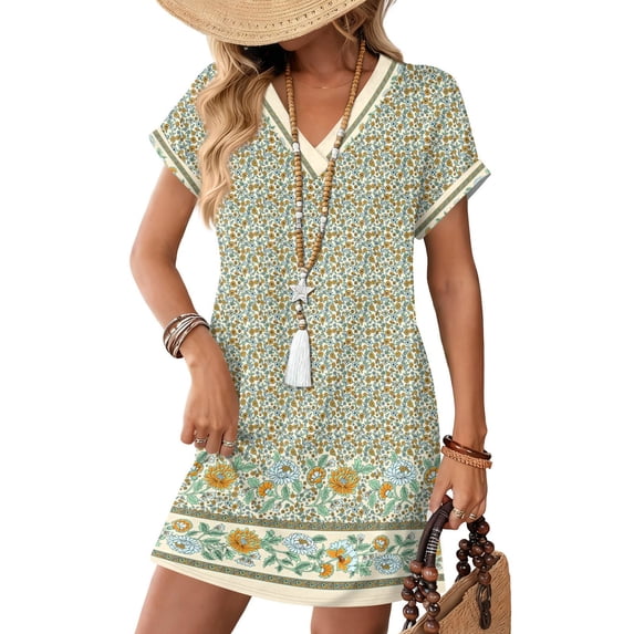 Women's Floral Print V-Neck Short Sleeve Casual Dress with Pocket, Pullover Summer Dress, Lightweight Comfort Fit, Fashionable Women's Clothing,Light Green,3XL