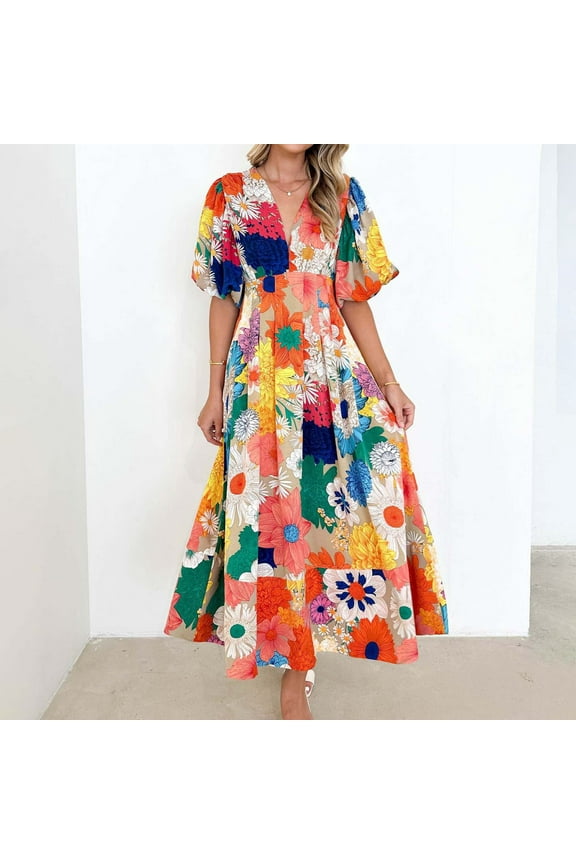 Women's Floral Print V-Neck Short Sleeve Casual Dress - Soft Polyester, Summer Spring Daily Wear, Comfortable & Stylish, Hand Wash