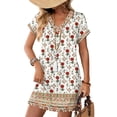 thumbnail image 1 of Women's Floral Print V-Neck Short Sleeve Casual Dress with Pocket, Pullover Summer Dress, Comfortable Loose Fit, Fashionable Ladies Clothing,White,XL, 1 of 8