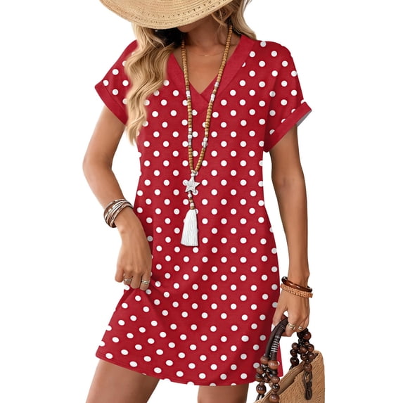 Women's Floral Print V-Neck Short Sleeve Casual Pullover Dress with Pocket, Summer Dress Comfortable Loose Fit, Fashionable Ladies Clothing,Red,S