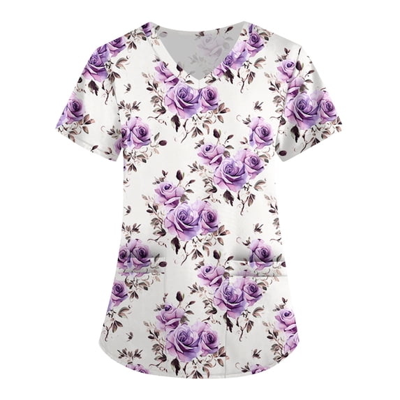 Women's Floral Print V-Neck Short Sleeve Scrub Top with Double Layer Pockets, Cute Summer Medical Uniform with Rose and Butterfly Design for Nurses Purple XL