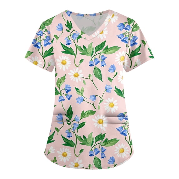 Women's Floral Print V-Neck Short Sleeve Scrub Top with Double Layer Pockets, Cute Summer Medical Uniform with Rose and Butterfly Design for Nurses Sky Blue L
