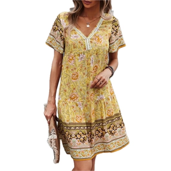 Women's Floral Print V-Neck Summer Dress 100% Cotton Lightweight Sundress for Casual Everyday Wear Beach Ready