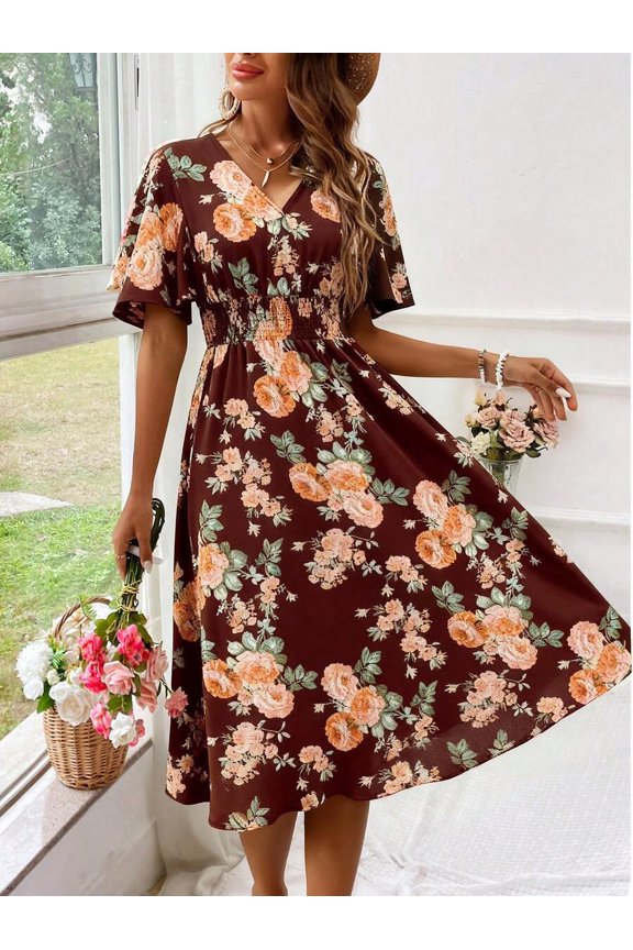 Women's Floral Print V-Neck Wrap Waist-Gathered Midi Dress, Romantic Elegant Spring Summer Vacation Dress