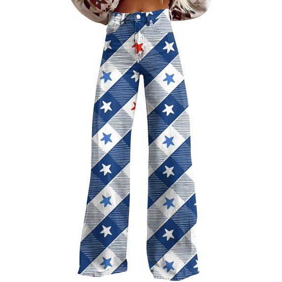 Women's Floral Print Wide Leg Jeans, Vintage High Waist Baggy Denim Pants with Pockets & Retro Style,Blue L