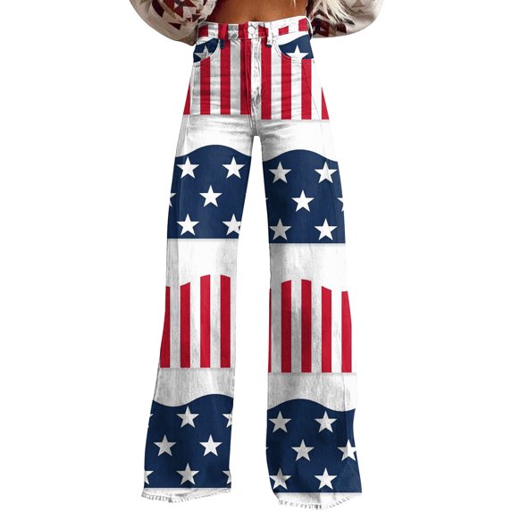 Women's Floral Print Wide Leg Jeans, Vintage High Waist Baggy Denim Pants with Pockets & Retro Style,Dark Blue M