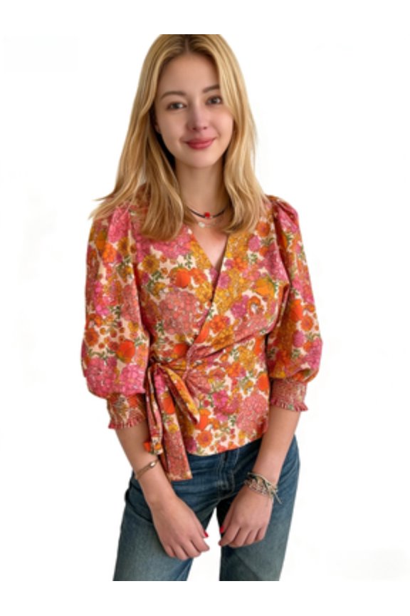 Women's Floral Print Wrap Blouse - Puff Sleeve Ruched Cuff Casual Top, Spring Summer Loose Fit Office Daily Shirt