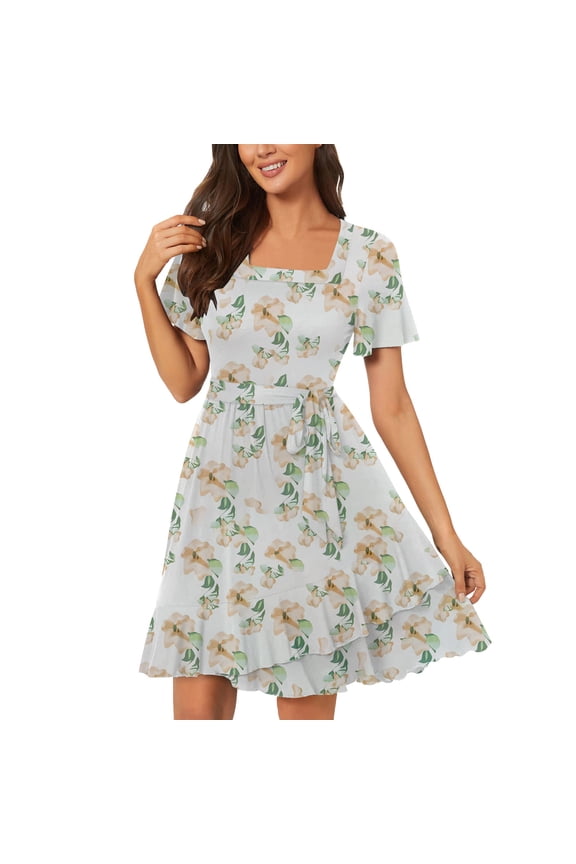 Women's Floral Print Wrap Dress Short Sleeve A-line Ruffle Dresses Asymmetrical Hem Swing Dress