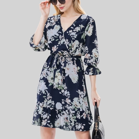 Women's Floral Print Wrap Dress with Ruffle Hem and Waist Tie - Large, Navy