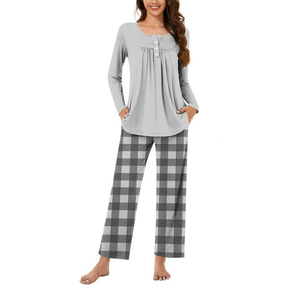 Women's Floral Printed 2 Piece Homewear Set Casual Long-Sleeved Crew Neck Front Pleated Button Shirt Top Wide-Leg Elastic Waist Pockets Pants