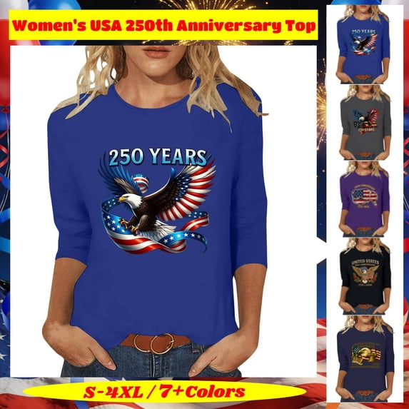 Women's Floral Printed 3/4 Sleeve T-Shirt Top, Round Neck Casual Pullover Blouse, USA 250th Anniversary Lightweight Soft Summer Fashion Clothing, Plus Size S-4XL, Jersey