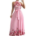 thumbnail image 1 of Women's Floral Printed Boho Maxi Dress Sleeveless Halter Neck A Line Pleated Long Dress With Belt, 1 of 4