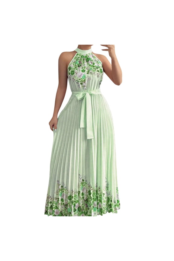 Women's Floral Printed Boho Maxi Dress Sleeveless Halter Neck A Line Pleated Long Dress With Belt