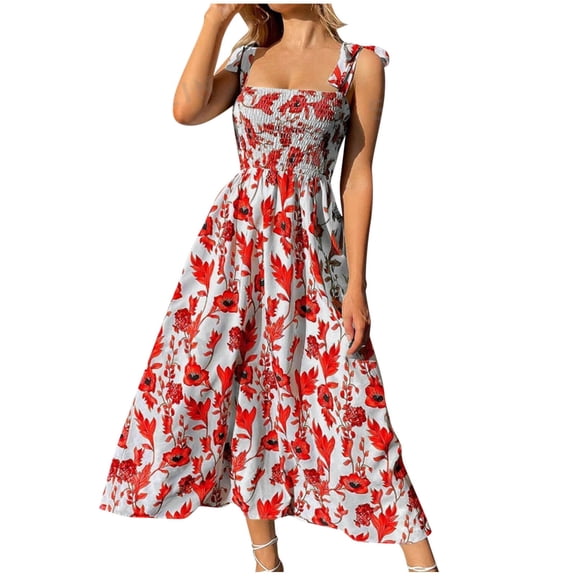 Women's Floral Printed Boho Maxi Dress Square Neck Strapped Swing A Line Sundress Beach Long Outfits