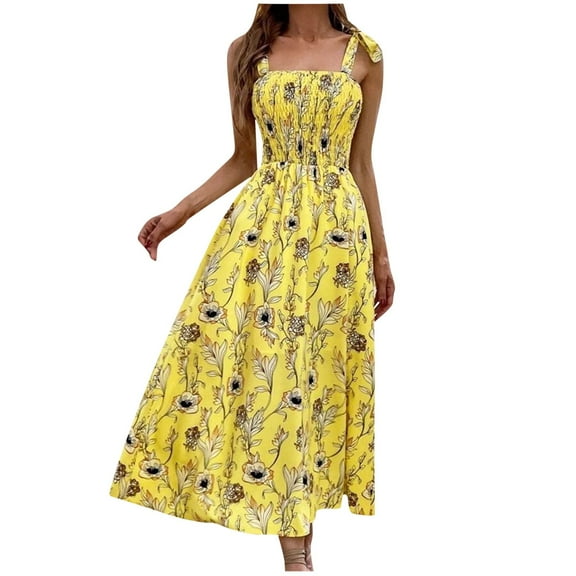 Women's Floral Printed Boho Maxi Dress Square Neck Strapped Swing A Line Sundress Beach Long Outfits