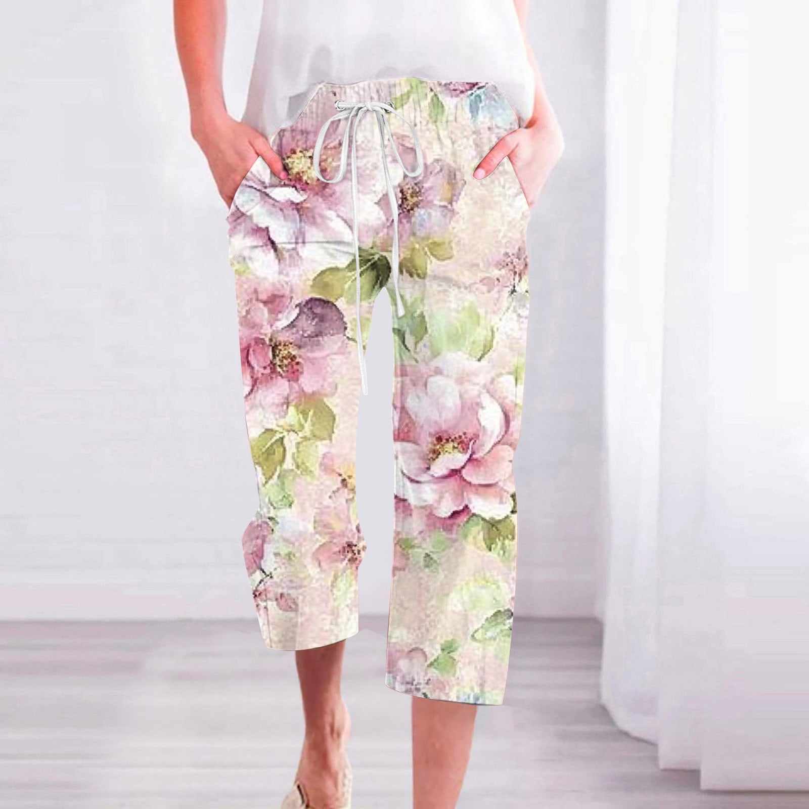 Women's Floral Printed Linen Capris with Pockets Drawstring Loose Fit ...