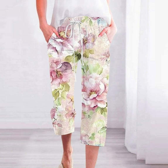 Women's Floral Printed Capris with Pockets Drawstring Waist Loose Fit Cropped Pants Under $10