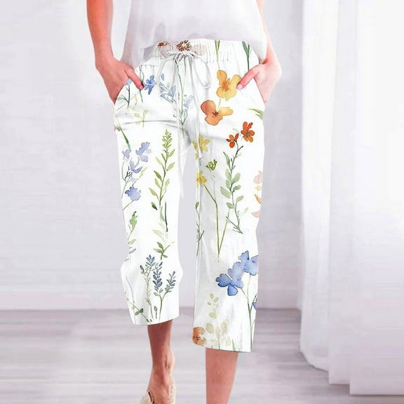 Women's Floral Printed Capris with Pockets Drawstring Waist Loose Fit Cropped Pants Under $10