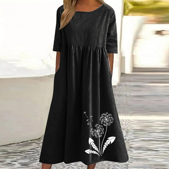 Women's Floral Printed Cotton Linen Short Sleeve Casual Dress for Summer Spring Daily Wear Knee-Length Pullover Blouse with Round Neck