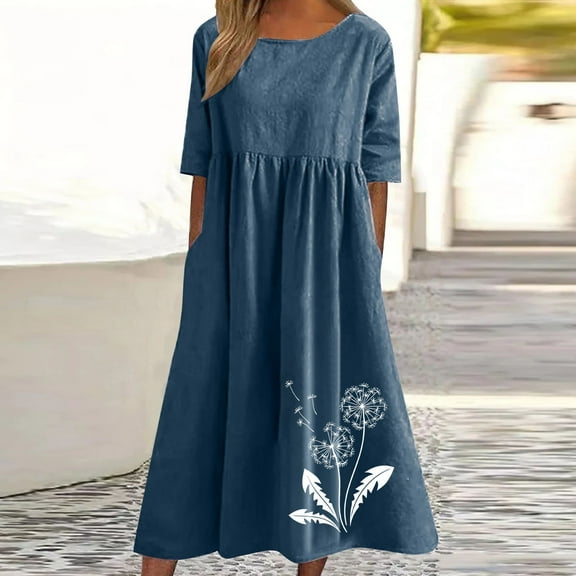 Women's Floral Printed Cotton Linen Short Sleeve Casual Dress for Summer Spring Daily Wear Knee-Length Pullover Blouse with Round Neck