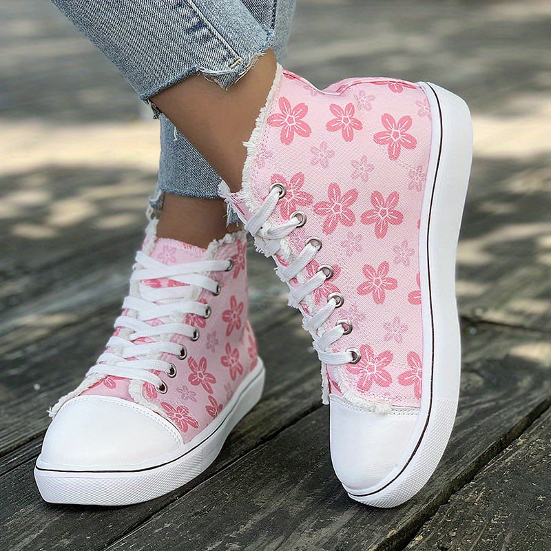 Women‘s Floral Printed High Top Canvas Sneakers - Casual Lace Up Flat ...
