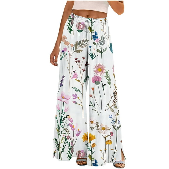 Women's Floral Printed Loose Fit Wide-Leg Long Pants Elastic Waist Drawstring Casual Palazzo Trousers with Pockets