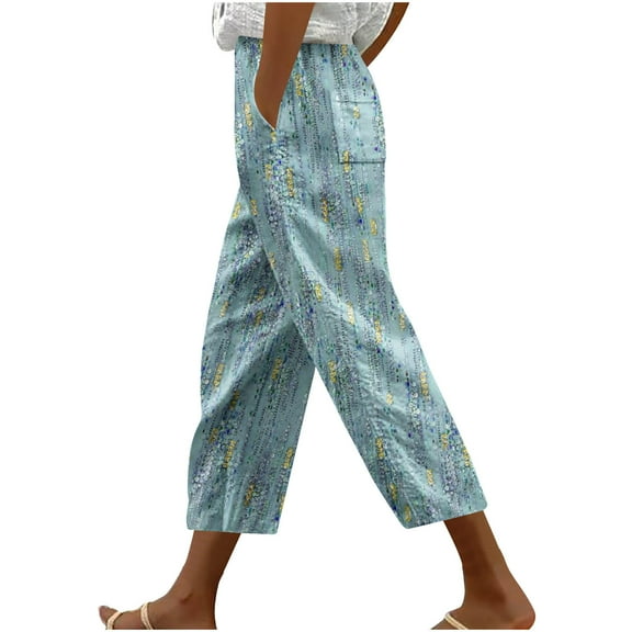 Women's Floral Printed Loose Fit Wide-Leg Pants Elastic Waist Drawstring Casual Palazzo Trousers with Pockets
